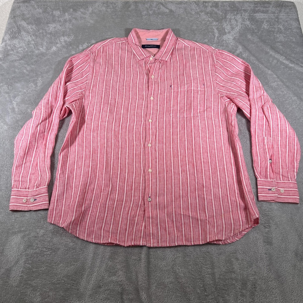 Tommy Bahama Linen Shirt Mens XL Pink Striped Long Sleeve Button Up Vacation